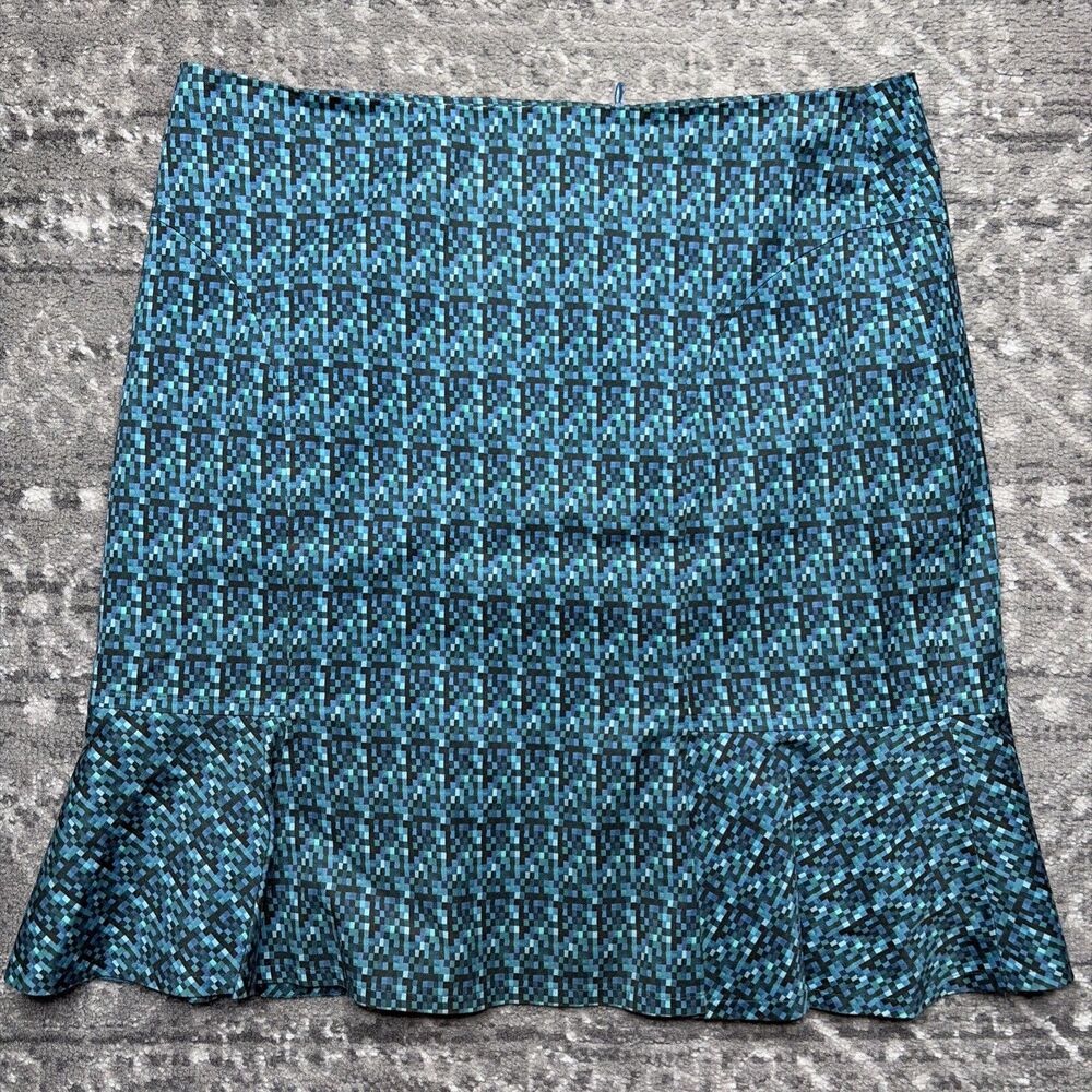 Akris Punto Blue Black Pixelated Grid Print A-Line Trumpet Skirt Size 10 Ruffle